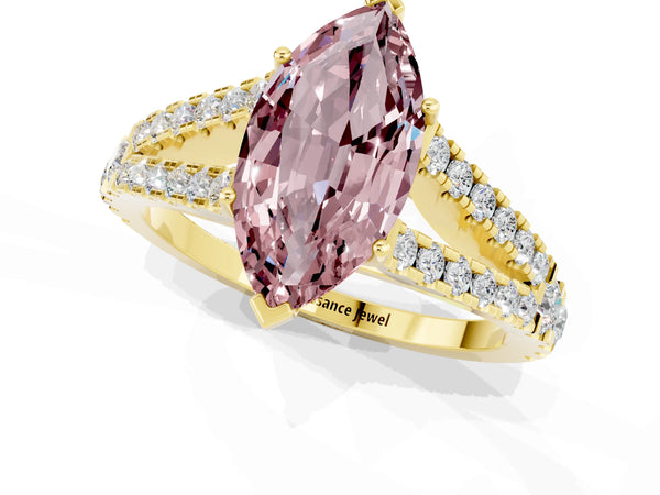 Yellow gold Marquise Cut Morganite Split Shank Pavé Engagement Ring with Four-Prong Setting