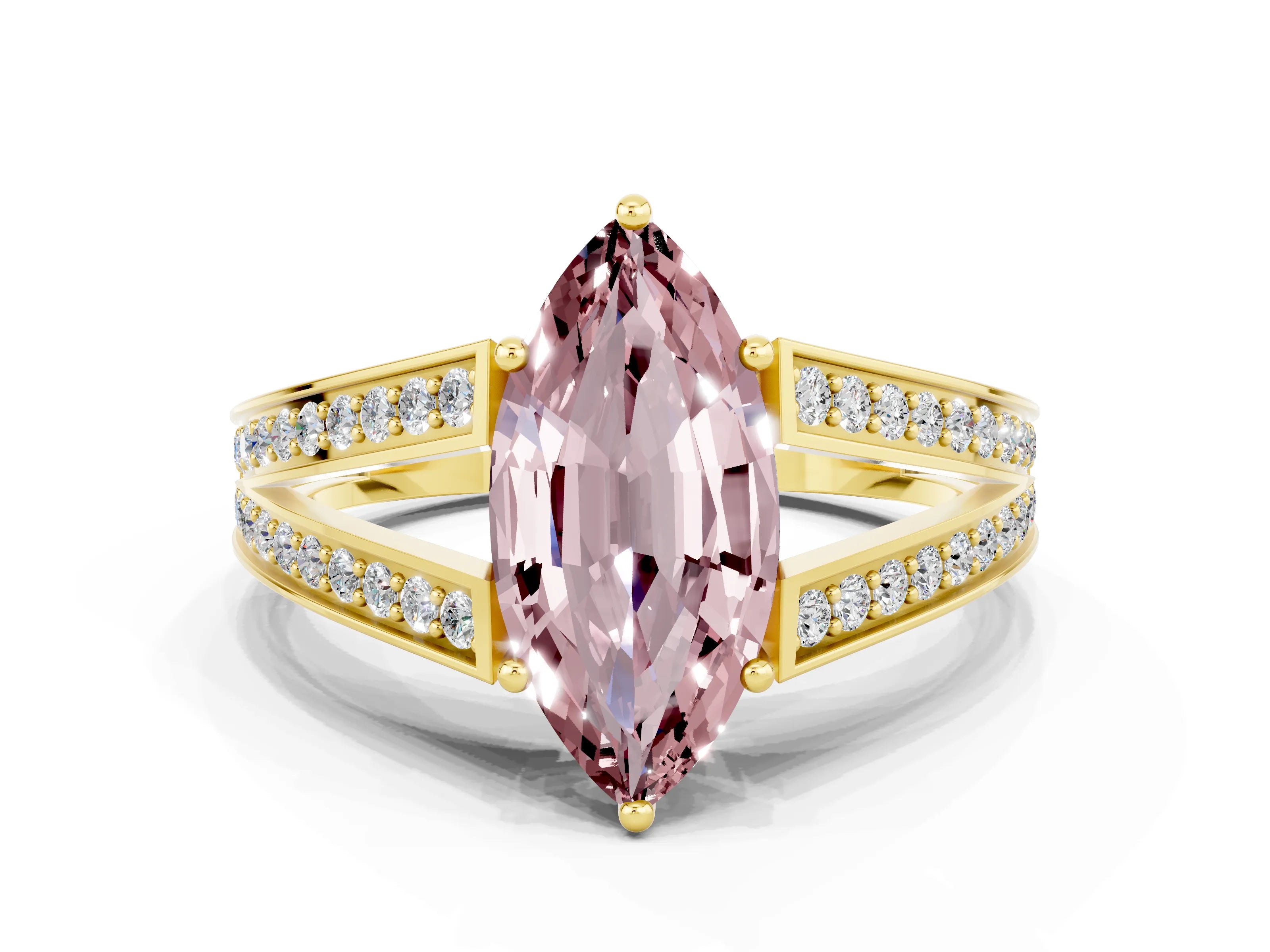 Yellow gold Marquise Cut Morganite Split Shank Ring with Pavé Band and Four-Prong Setting