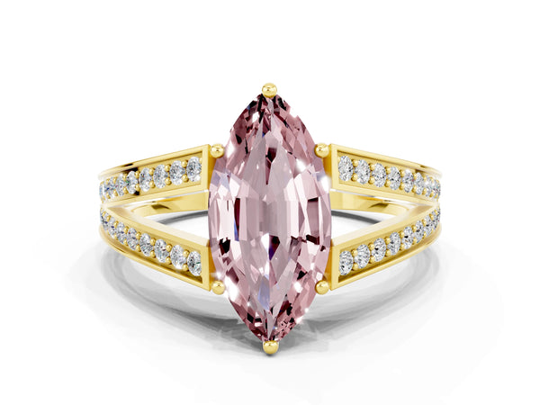 Yellow gold Marquise Cut Morganite Split Shank Ring with Pavé Band and Four-Prong Setting