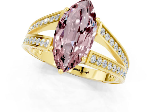 Yellow gold Marquise Cut Morganite Split Shank Ring with Pavé Band and Four-Prong Setting_1