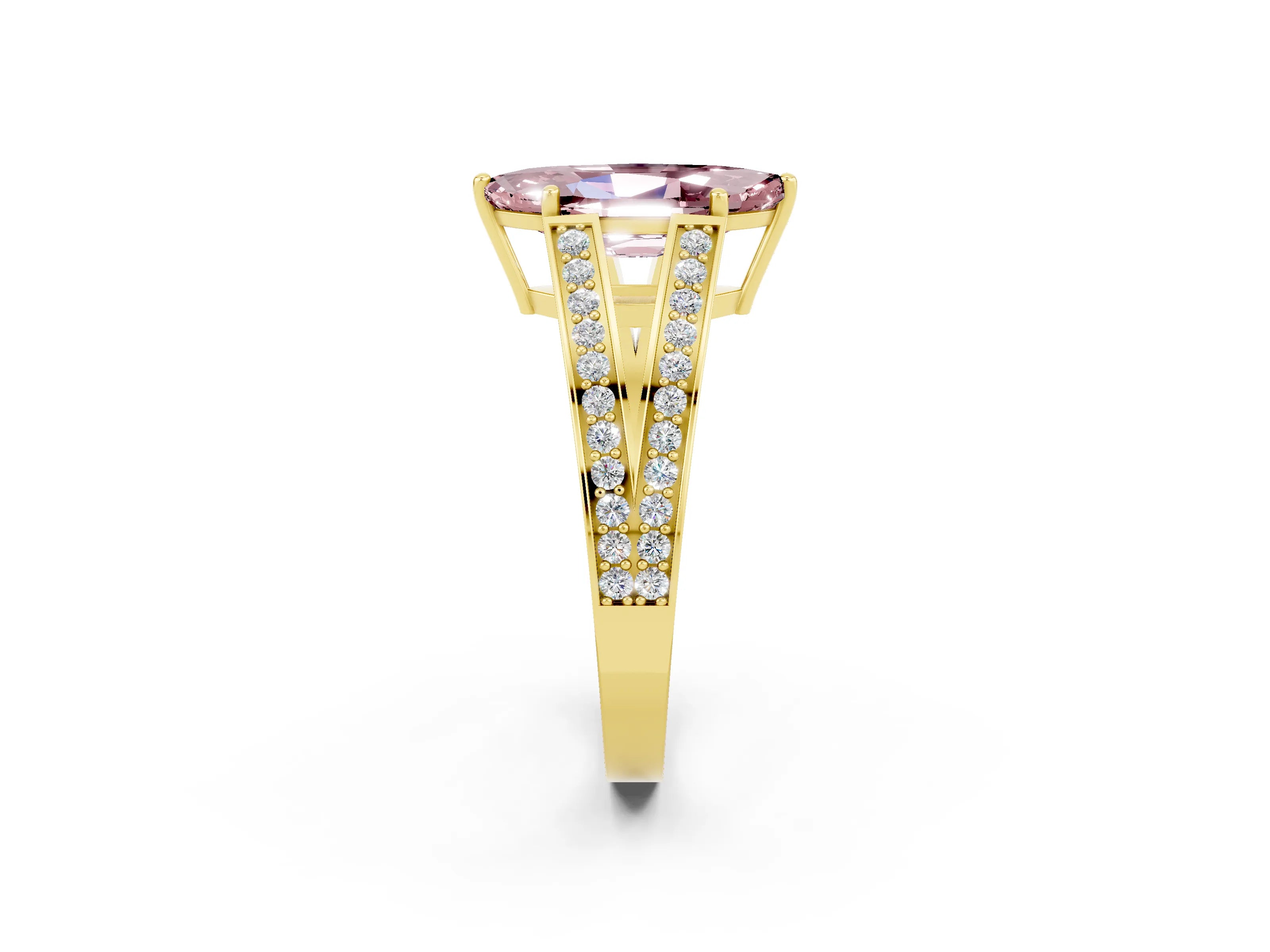 Yellow gold Marquise Cut Morganite Split Shank Ring with Pavé Band and Four-Prong Setting_2