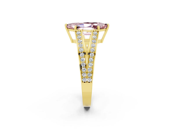 Yellow gold Marquise Cut Morganite Split Shank Ring with Pavé Band and Four-Prong Setting