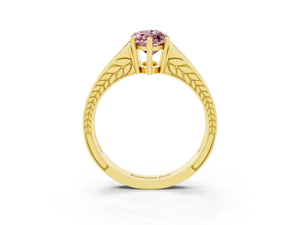 Yellow gold Marquise Cut Morganite Split Shank Ring with Pavé Band and Four-Prong Setting