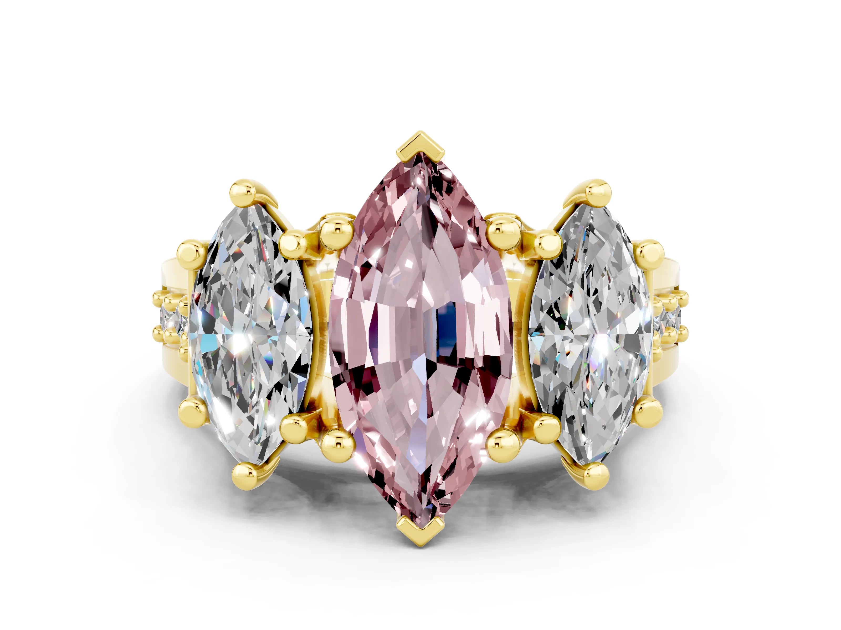 Yellow gold Marquise Cut Morganite Three-Stone Ring with Channel Set Band and Four-Prong Setting