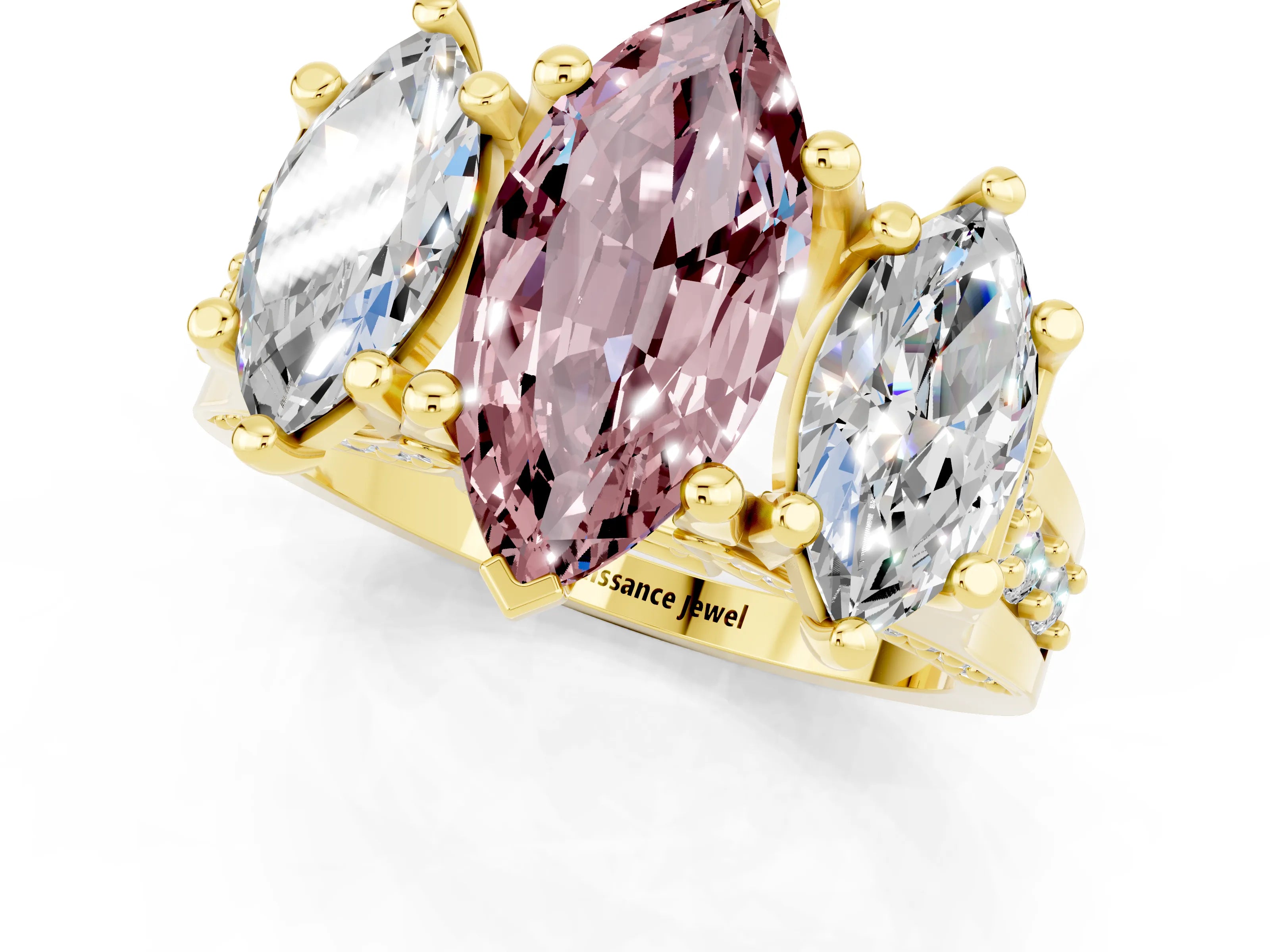 Yellow gold Marquise Cut Morganite Three-Stone Ring with Channel Set Band and Four-Prong Setting_1