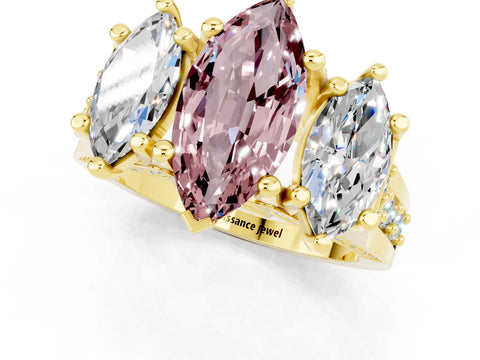 Yellow gold Marquise Cut Morganite Three-Stone Ring with Channel Set Band and Four-Prong Setting_1