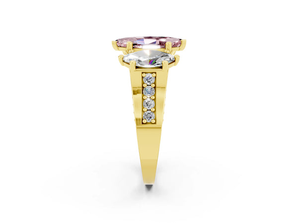 Yellow gold Marquise Cut Morganite Three-Stone Ring with Channel Set Band and Four-Prong Setting