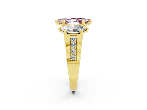 Yellow gold Marquise Cut Morganite Three-Stone Ring with Channel Set Band and Four-Prong Setting_2