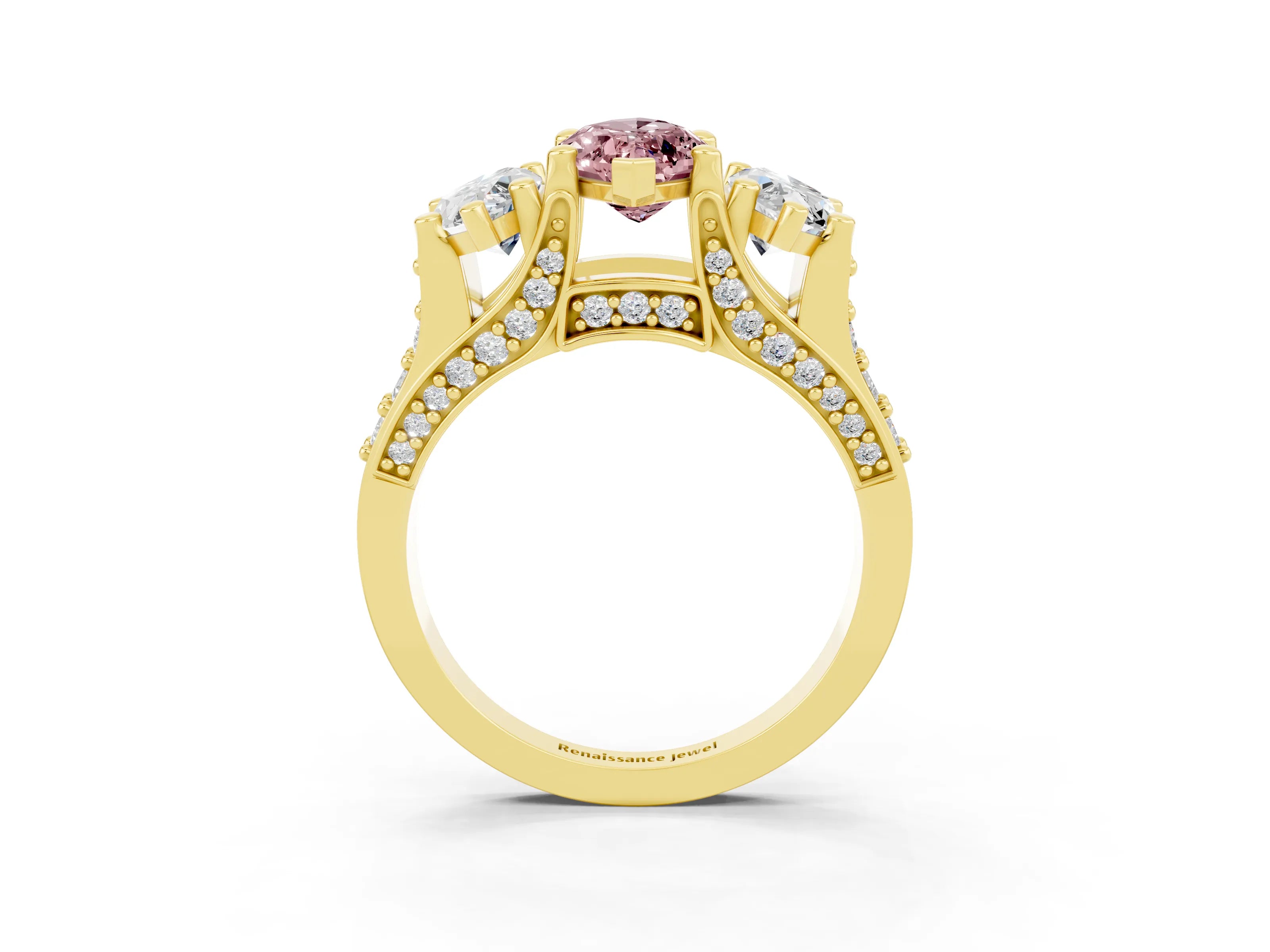 Yellow gold Marquise Cut Morganite Three-Stone Ring with Channel Set Band and Four-Prong Setting_3