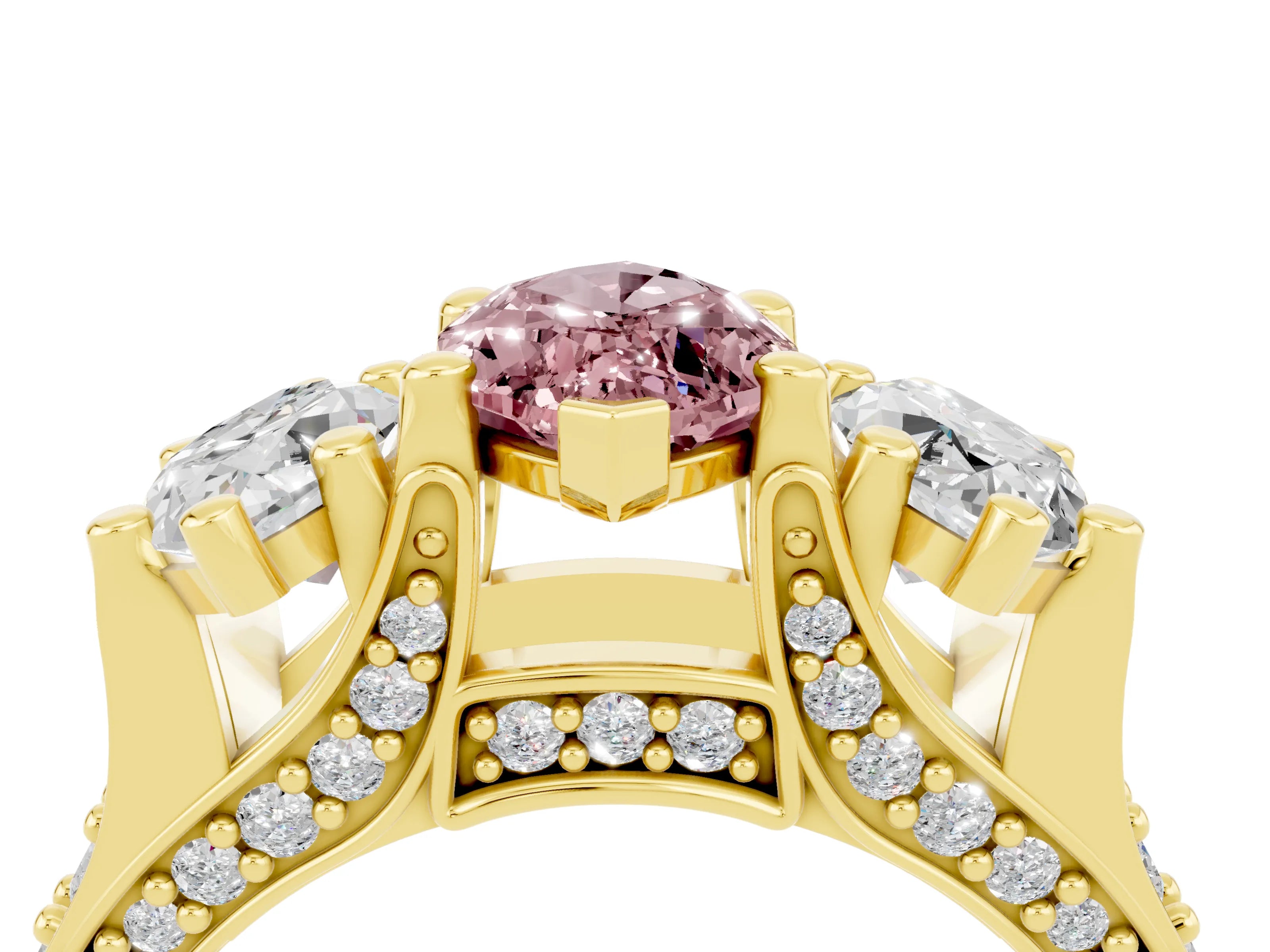 Yellow gold Marquise Cut Morganite Three-Stone Ring with Channel Set Band and Four-Prong Setting_4