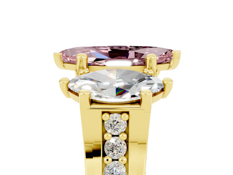 Yellow gold Marquise Cut Morganite Three-Stone Ring with Channel Set Band and Four-Prong Setting_5