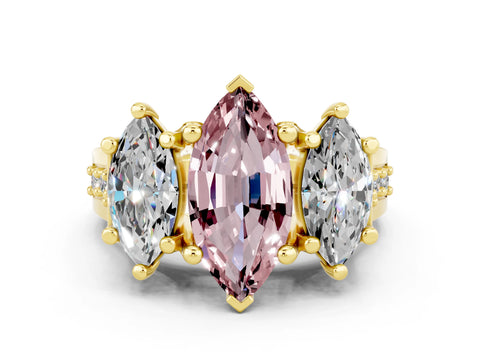 Yellow gold Marquise Cut Morganite Three-Stone Ring with Channel Set Band and Four-Prong Setting