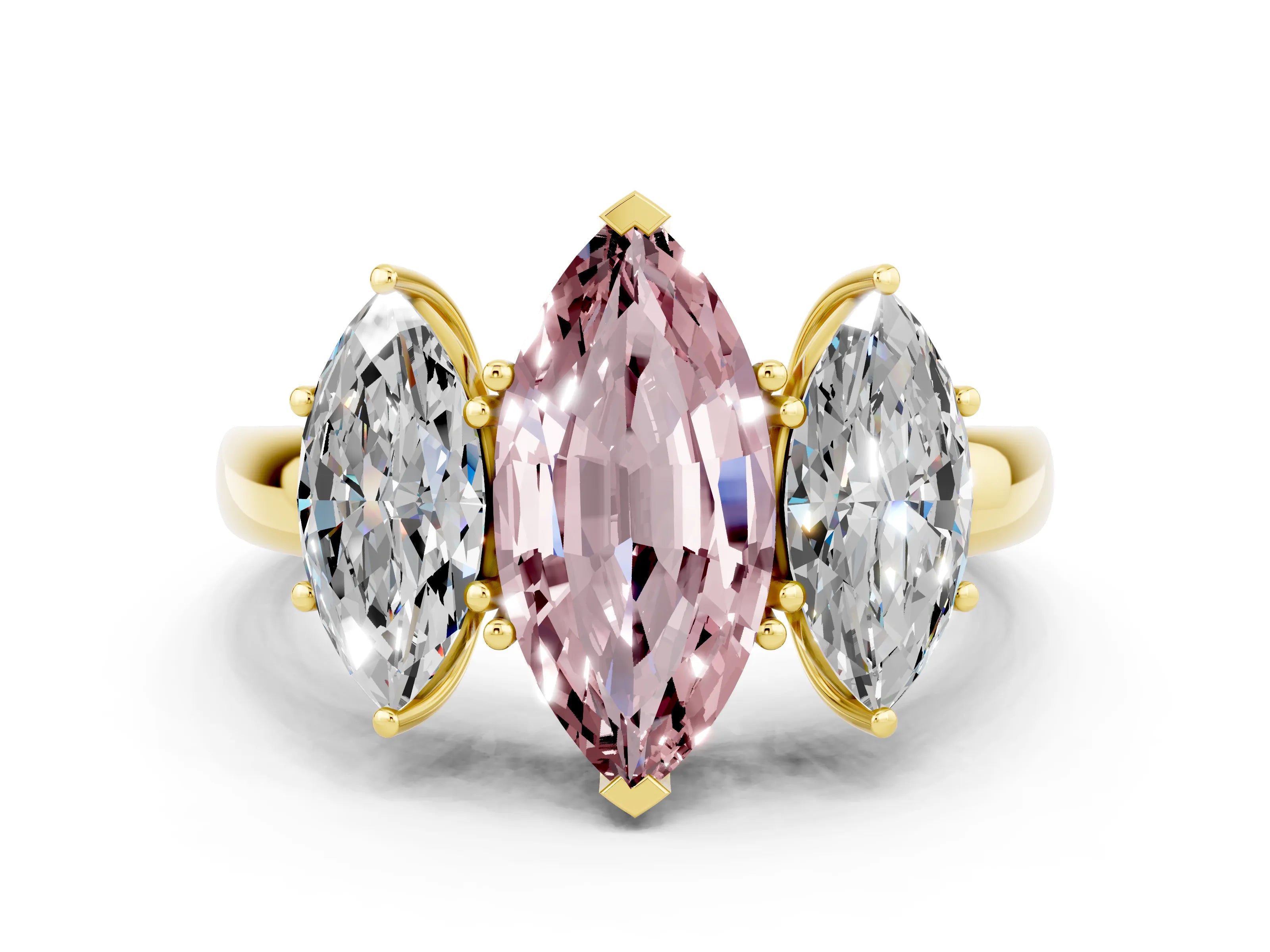 Yellow gold Marquise Cut Morganite Three-Stone Ring with Four-Prong Setting and Classic Band