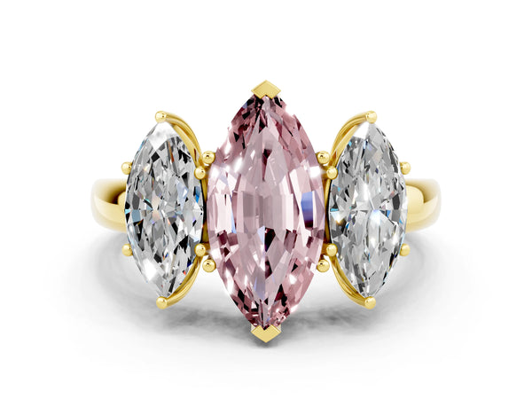 Yellow gold Marquise Cut Morganite Three-Stone Ring with Four-Prong Setting and Classic Band
