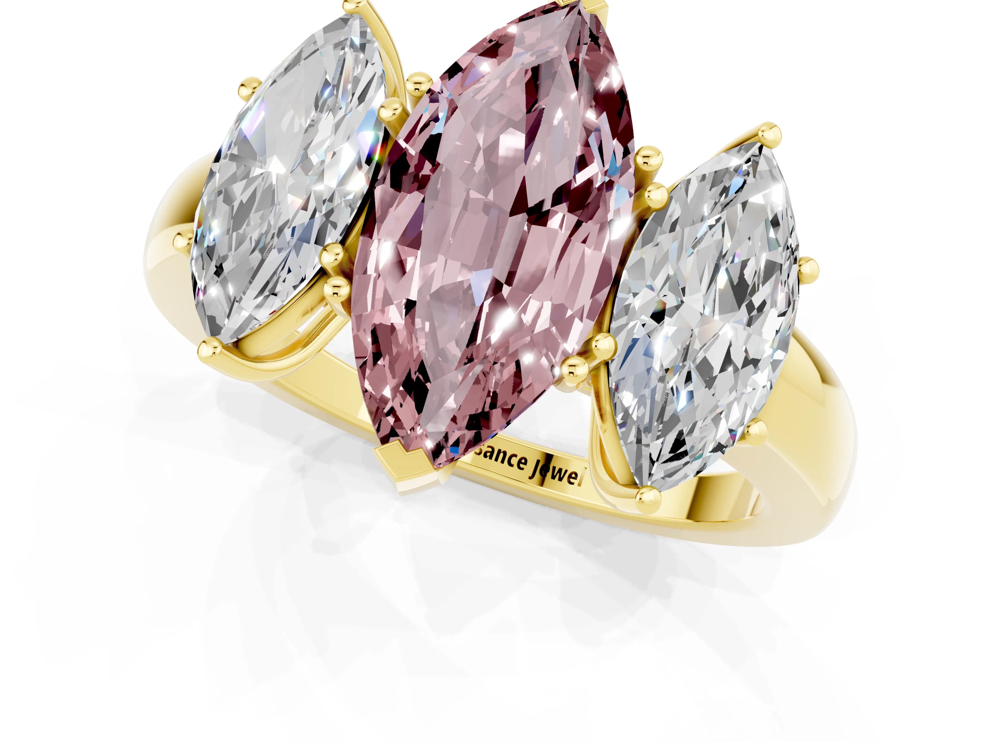 Yellow gold Marquise Cut Morganite Three-Stone Ring with Four-Prong Setting and Classic Band_1