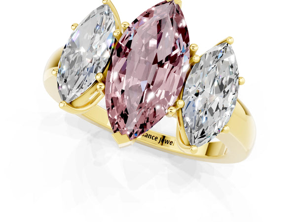 Yellow gold Marquise Cut Morganite Three-Stone Ring with Four-Prong Setting and Classic Band