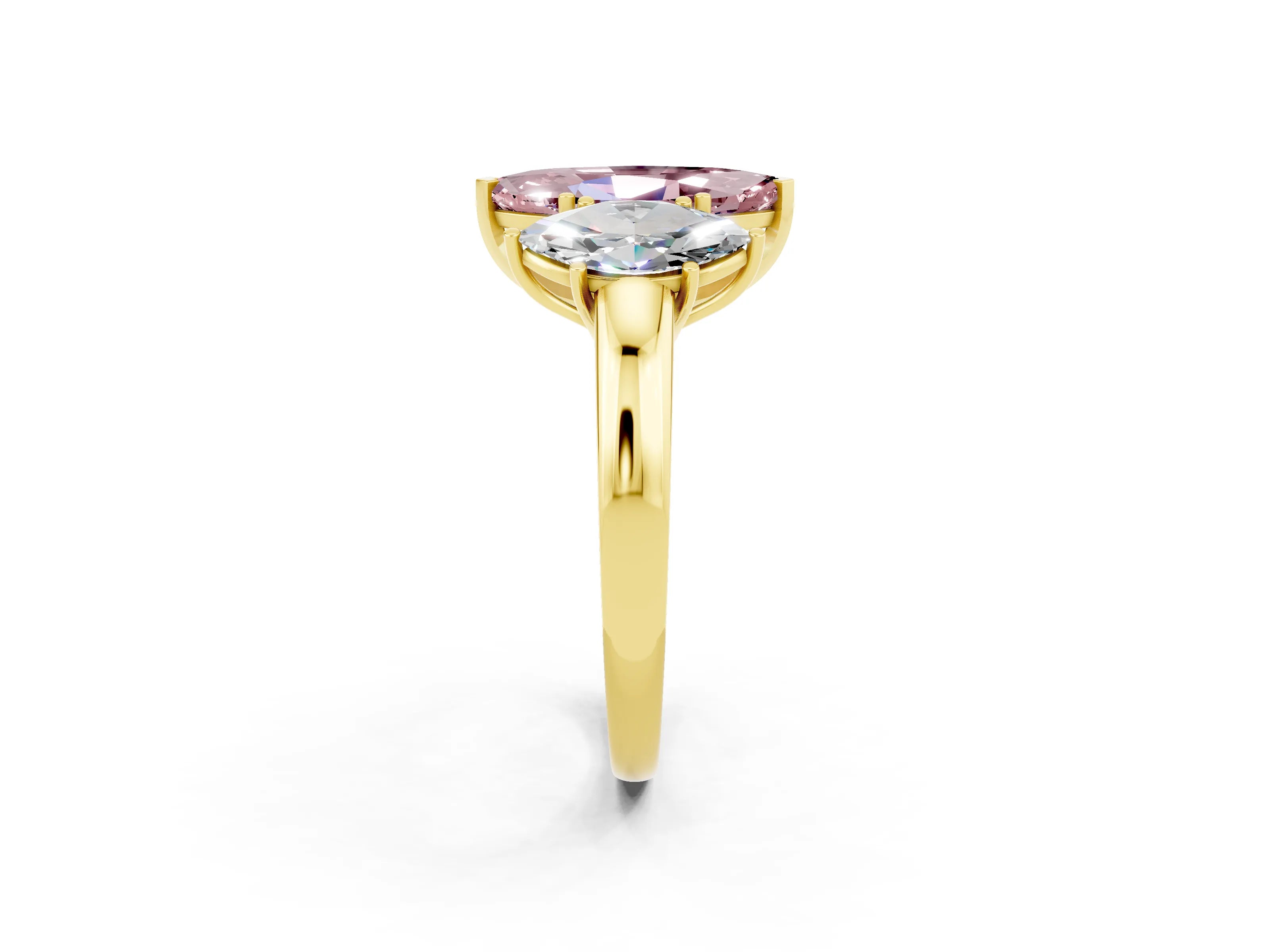 Yellow gold Marquise Cut Morganite Three-Stone Ring with Four-Prong Setting and Classic Band_2