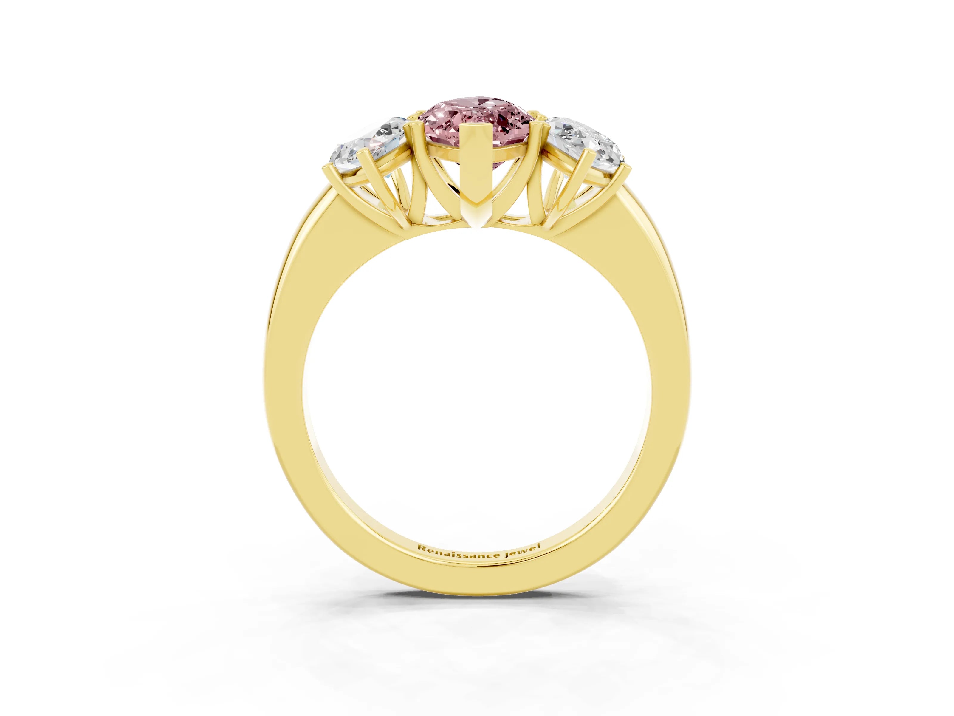 Yellow gold Marquise Cut Morganite Three-Stone Ring with Four-Prong Setting and Classic Band_3