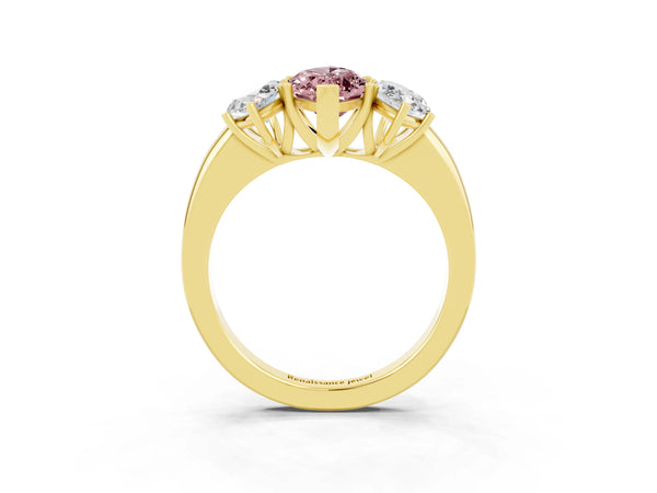 Yellow gold Marquise Cut Morganite Three-Stone Ring with Four-Prong Setting and Classic Band
