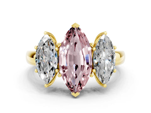 Yellow gold Marquise Cut Morganite Three-Stone Ring with Four-Prong Setting and Classic Band