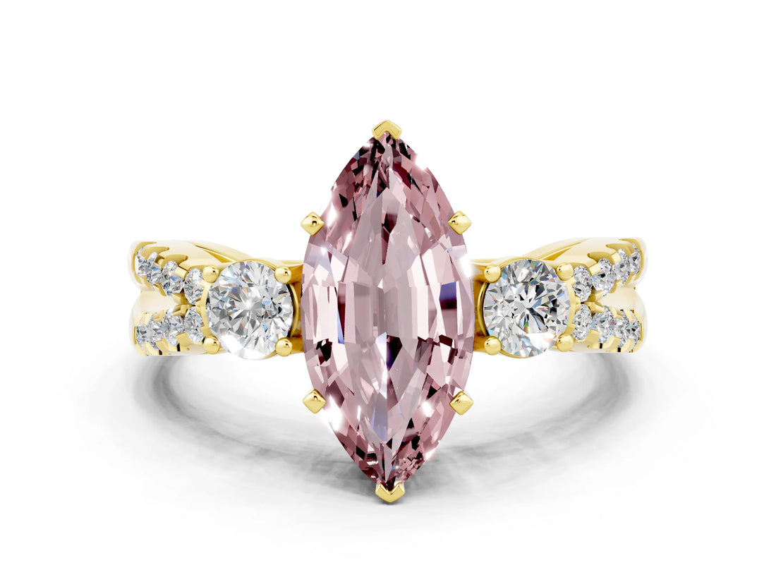 Yellow gold Marquise Cut Morganite Three-Stone Ring with Pavé Split Shank and Four-Prong Setting_12