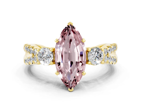 Yellow gold Marquise Cut Morganite Three-Stone Ring with Pavé Split Shank and Four-Prong Setting