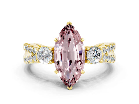 Yellow gold Marquise Cut Morganite Three-Stone Ring with Pavé Split Shank and Four-Prong Setting_12