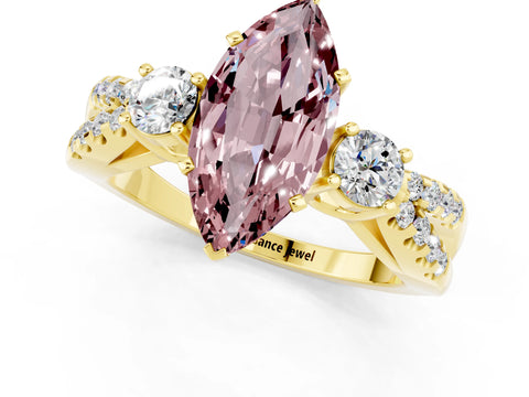 Yellow gold Marquise Cut Morganite Three-Stone Ring with Pavé Split Shank and Four-Prong Setting_13
