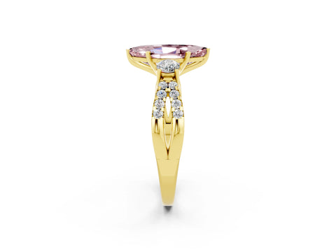 Yellow gold Marquise Cut Morganite Three-Stone Ring with Pavé Split Shank and Four-Prong Setting_14