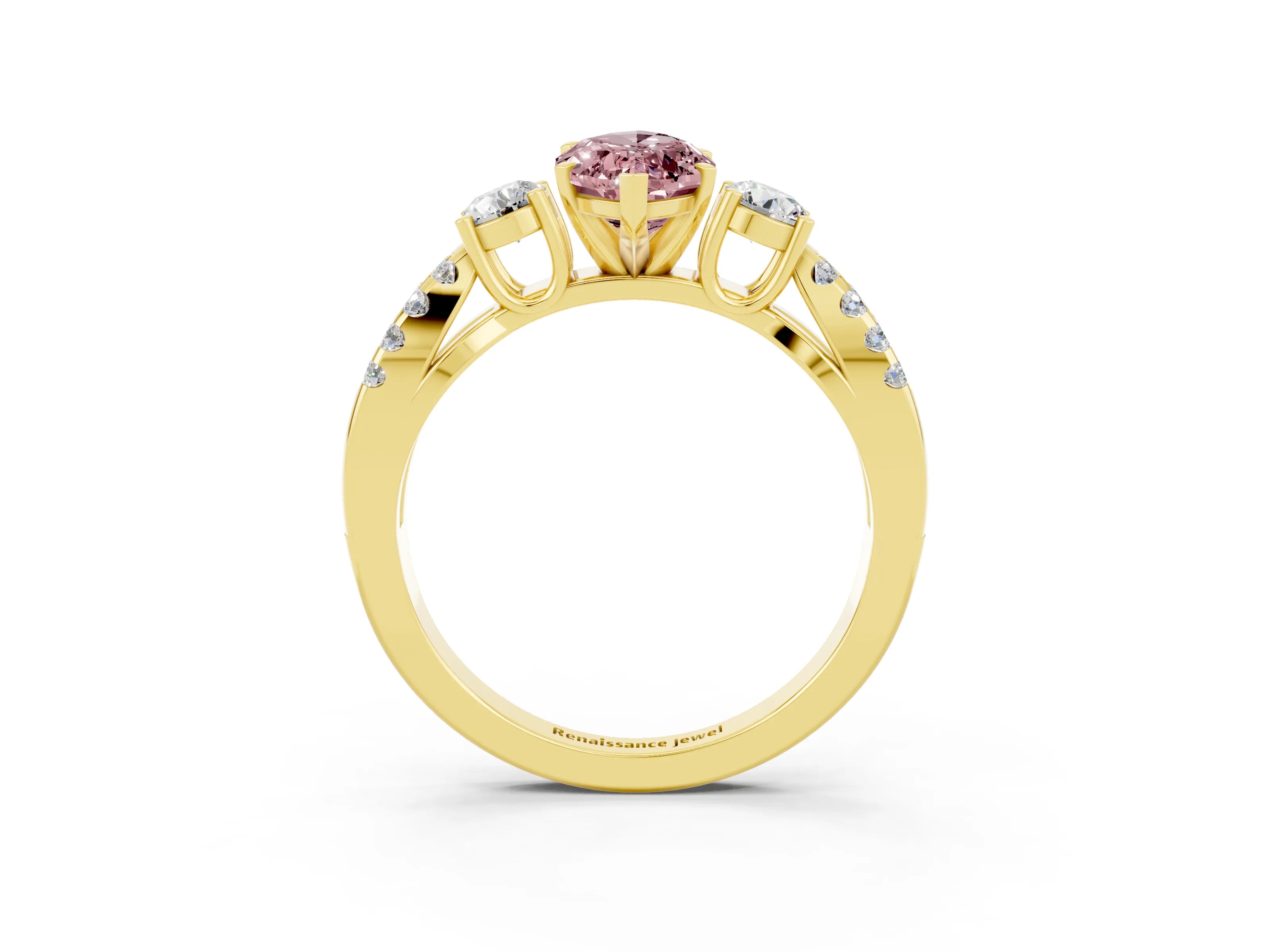 Yellow gold Marquise Cut Morganite Three-Stone Ring with Pavé Split Shank and Four-Prong Setting_15