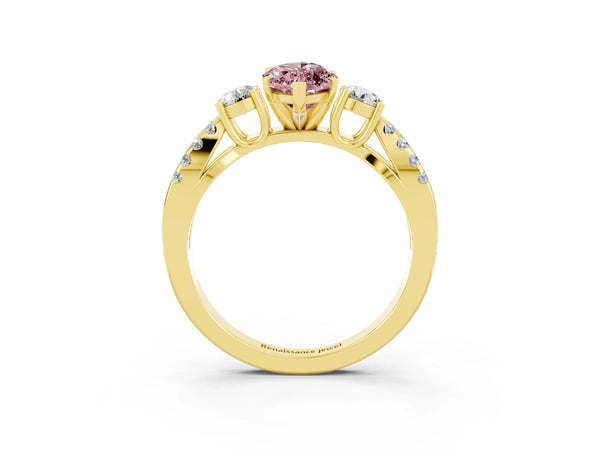 Yellow gold Marquise Cut Morganite Three-Stone Ring with Pavé Split Shank and Four-Prong Setting