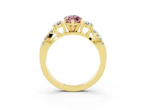 Yellow gold Marquise Cut Morganite Three-Stone Ring with Pavé Split Shank and Four-Prong Setting_15