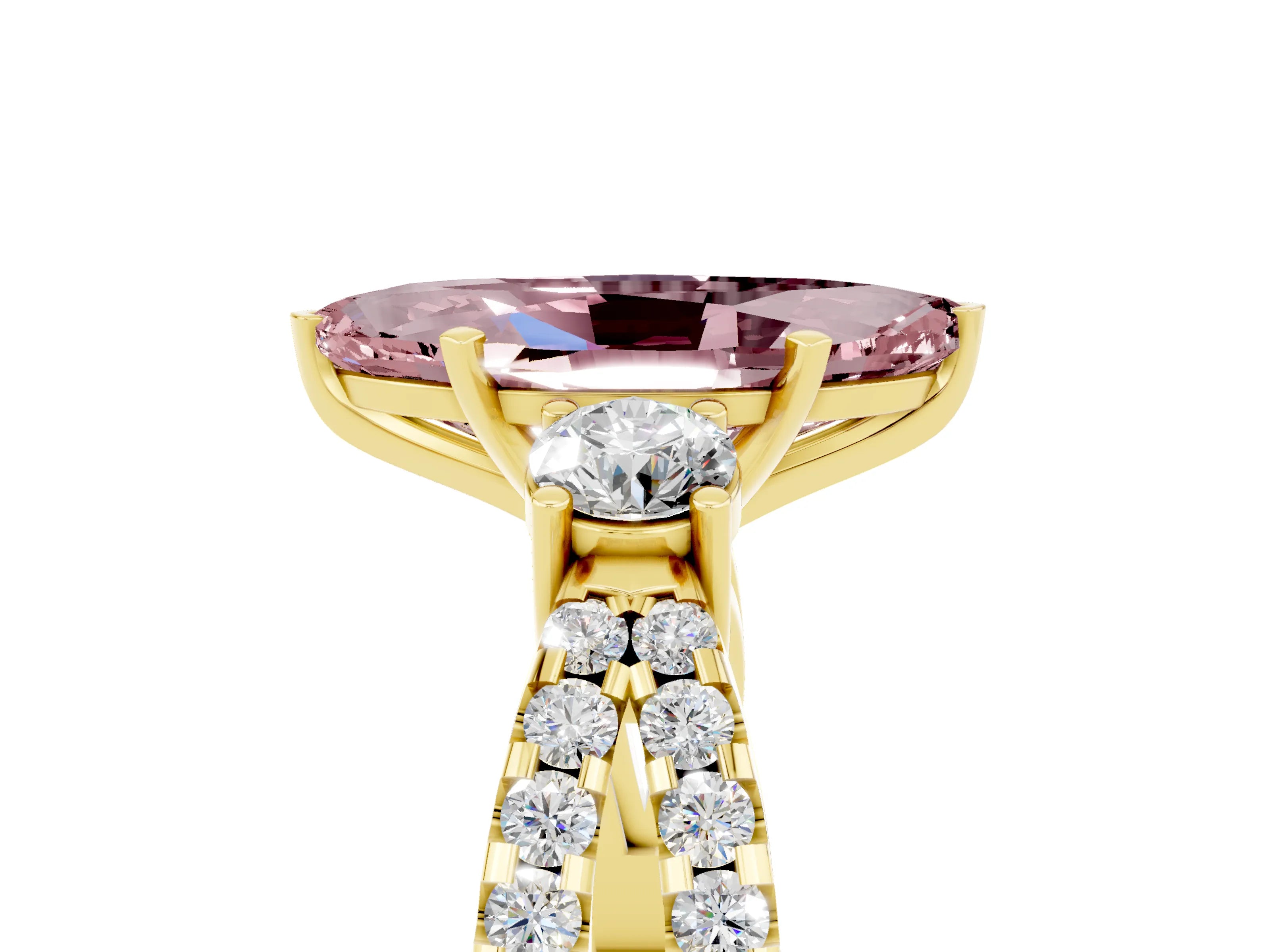 Yellow gold Marquise Cut Morganite Three-Stone Ring with Pavé Split Shank and Four-Prong Setting_17