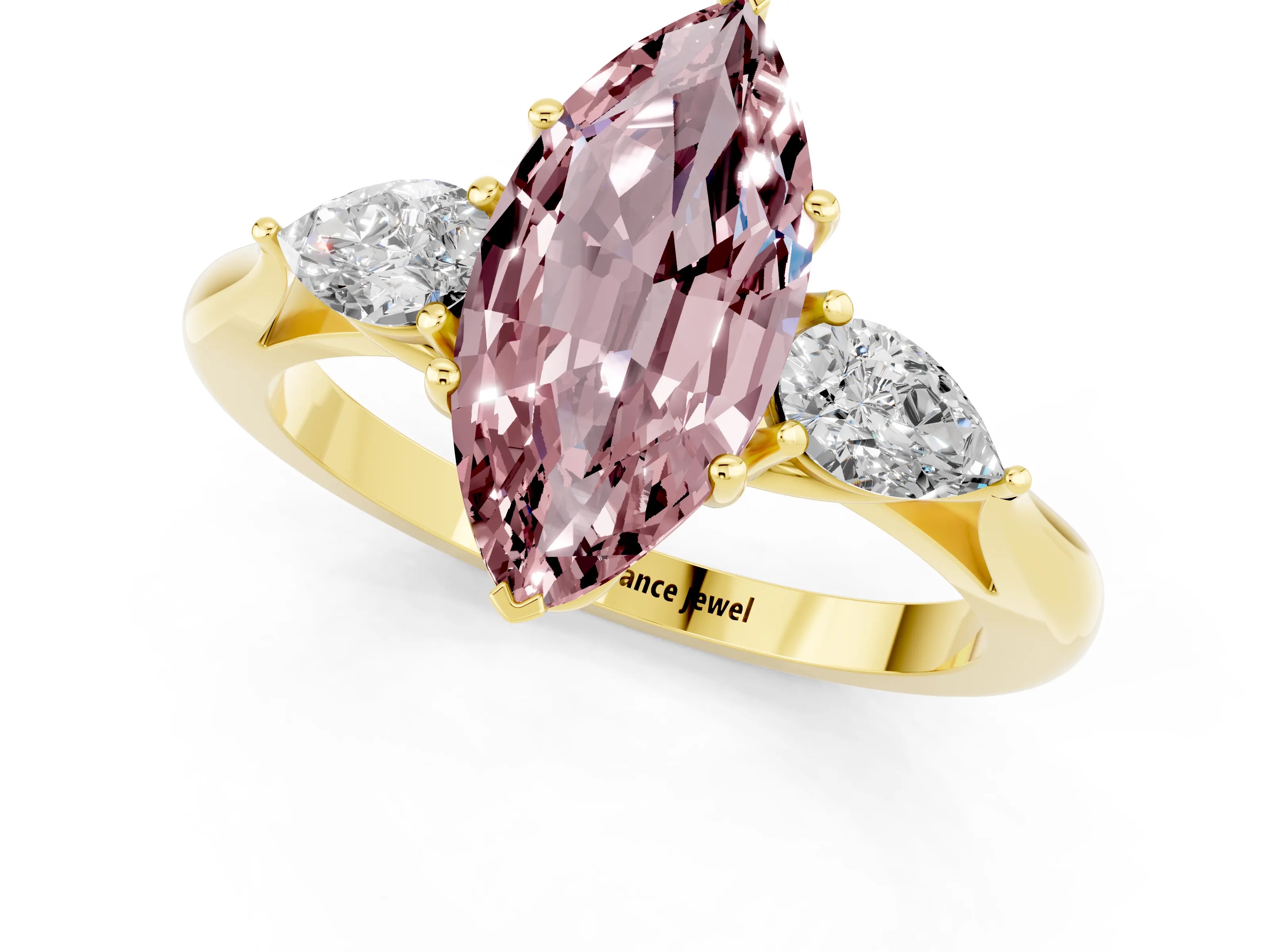 Yellow gold Marquise Cut Morganite Three-Stone Ring with Pear Side Stones and Four-Prong Setting_13
