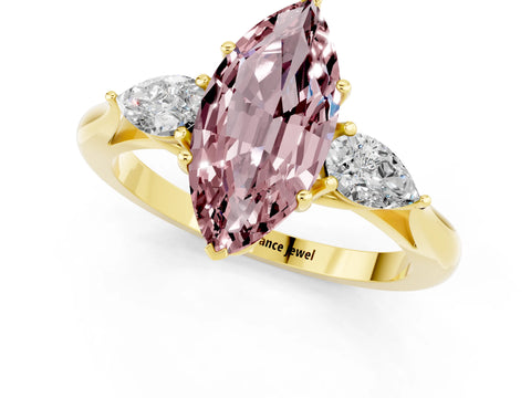Yellow gold Marquise Cut Morganite Three-Stone Ring with Pear Side Stones and Four-Prong Setting_13