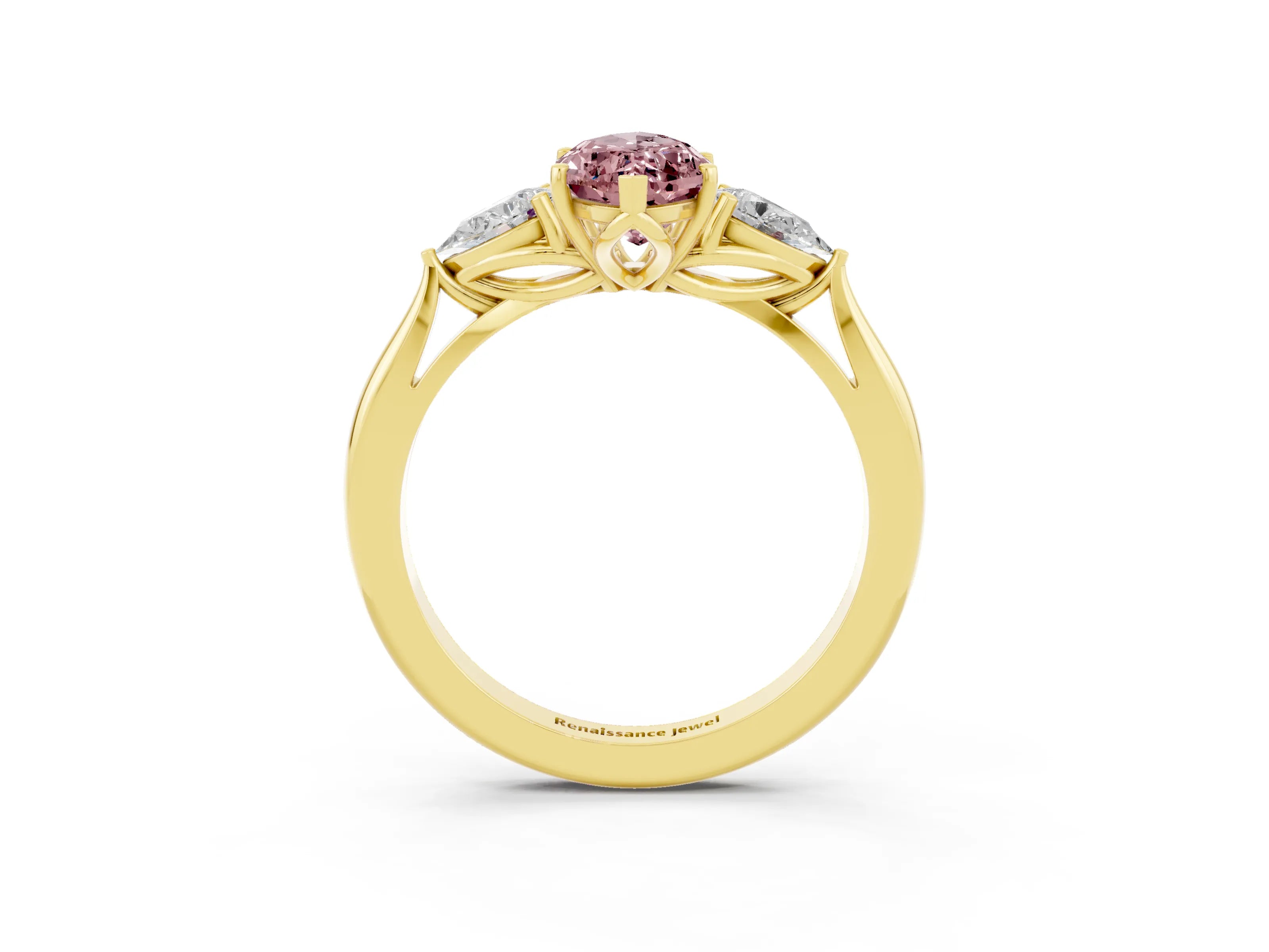 Yellow gold Marquise Cut Morganite Three-Stone Ring with Pear Side Stones and Four-Prong Setting_15