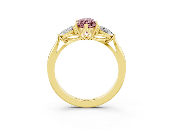Yellow gold Marquise Cut Morganite Three-Stone Ring with Pear  Side Stones and Prong Setting