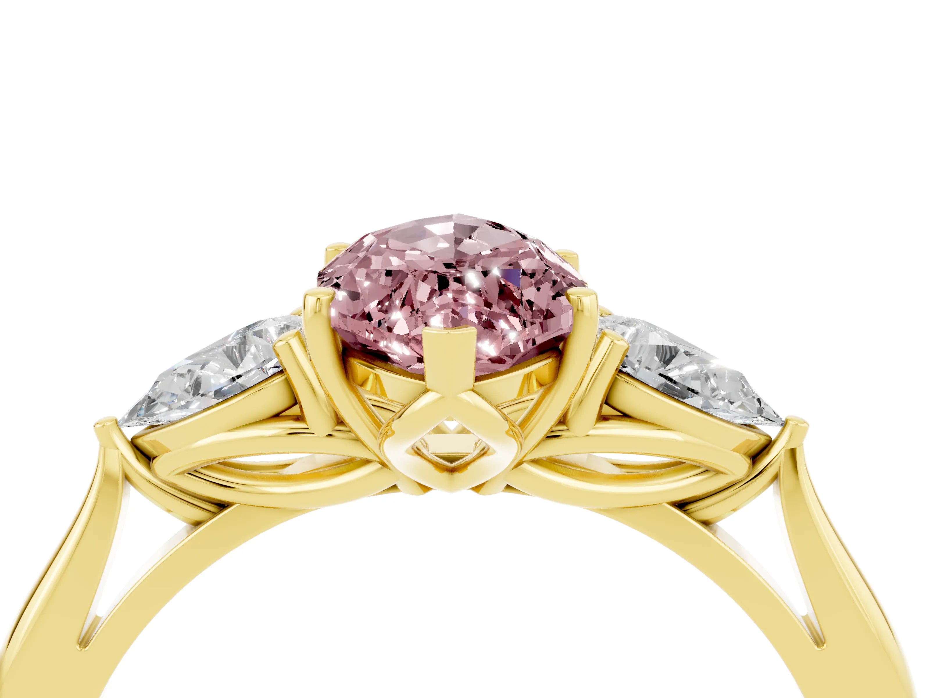 Yellow gold Marquise Cut Morganite Three-Stone Ring with Pear Side Stones and Four-Prong Setting_16