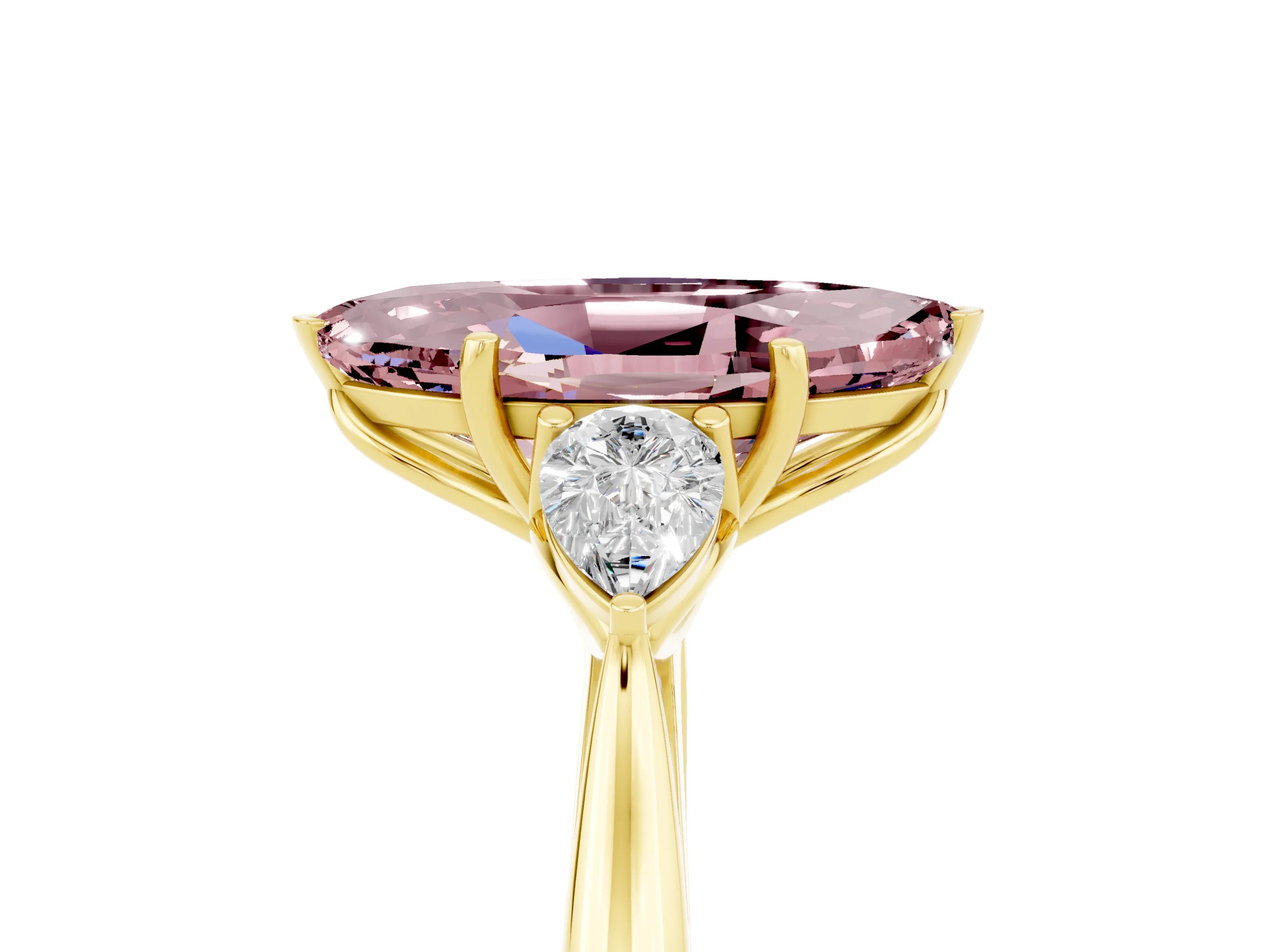 Yellow gold Marquise Cut Morganite Three-Stone Ring with Pear Side Stones and Four-Prong Setting_17