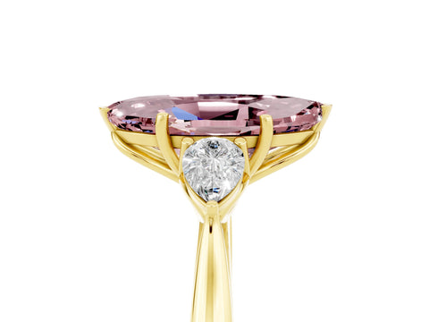 Yellow gold Marquise Cut Morganite Three-Stone Ring with Pear Side Stones and Four-Prong Setting_17
