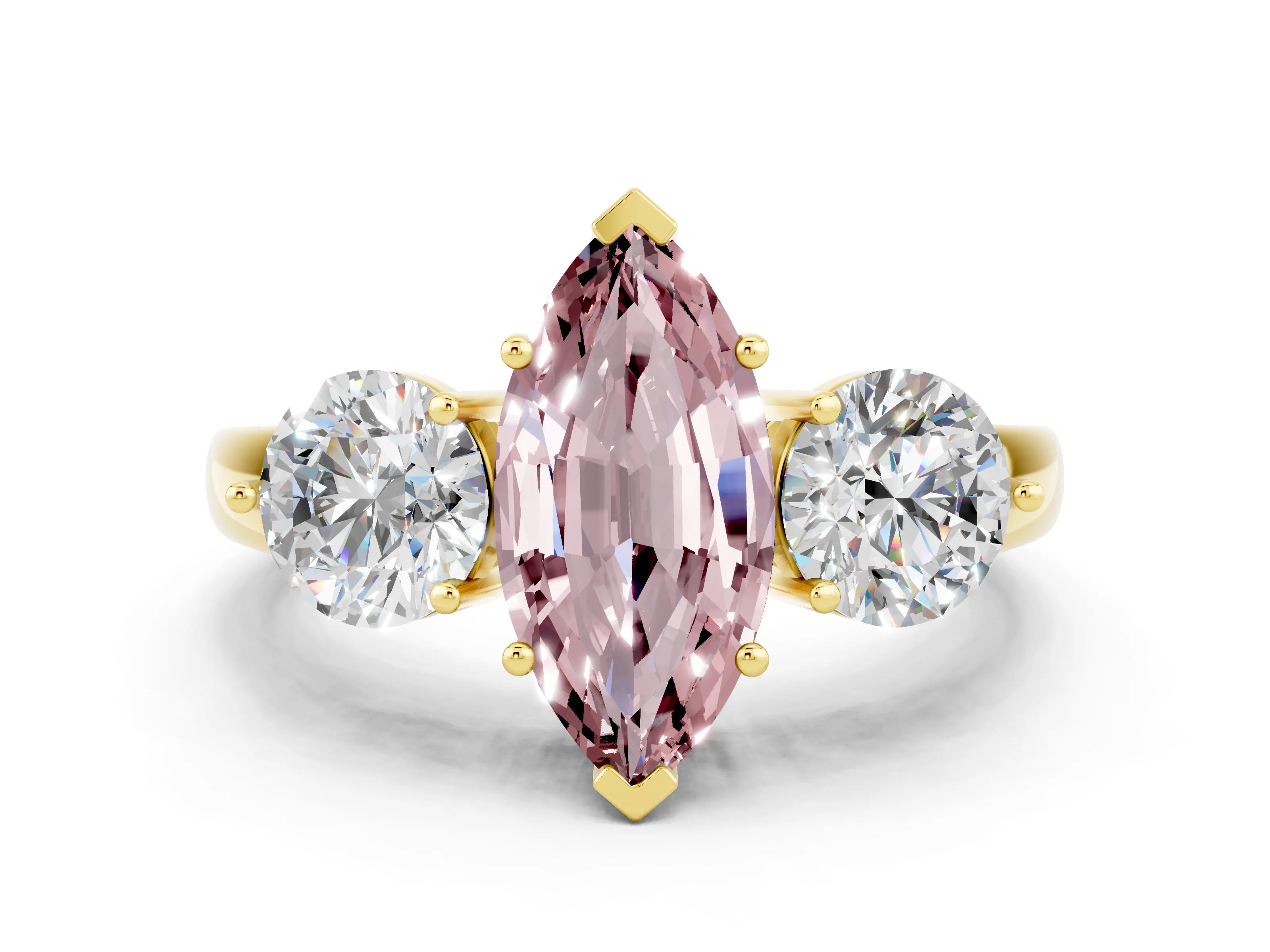 Yellow gold Marquise Cut Morganite Three-Stone Ring with Prong Setting and Classic Band