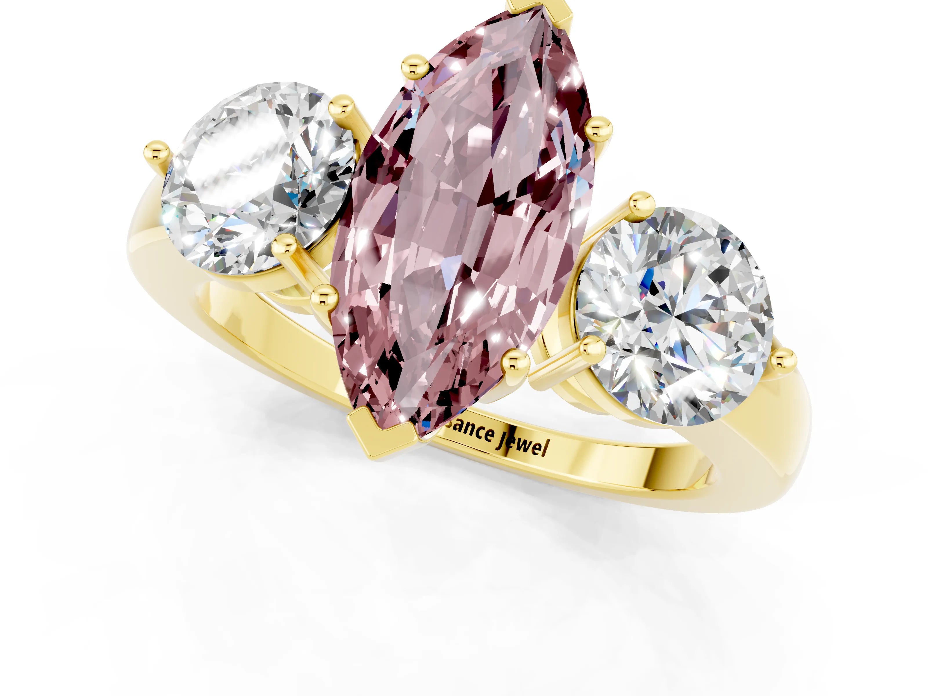 Yellow gold Marquise Cut Morganite Three-Stone Ring with Prong Setting and Classic Band_1