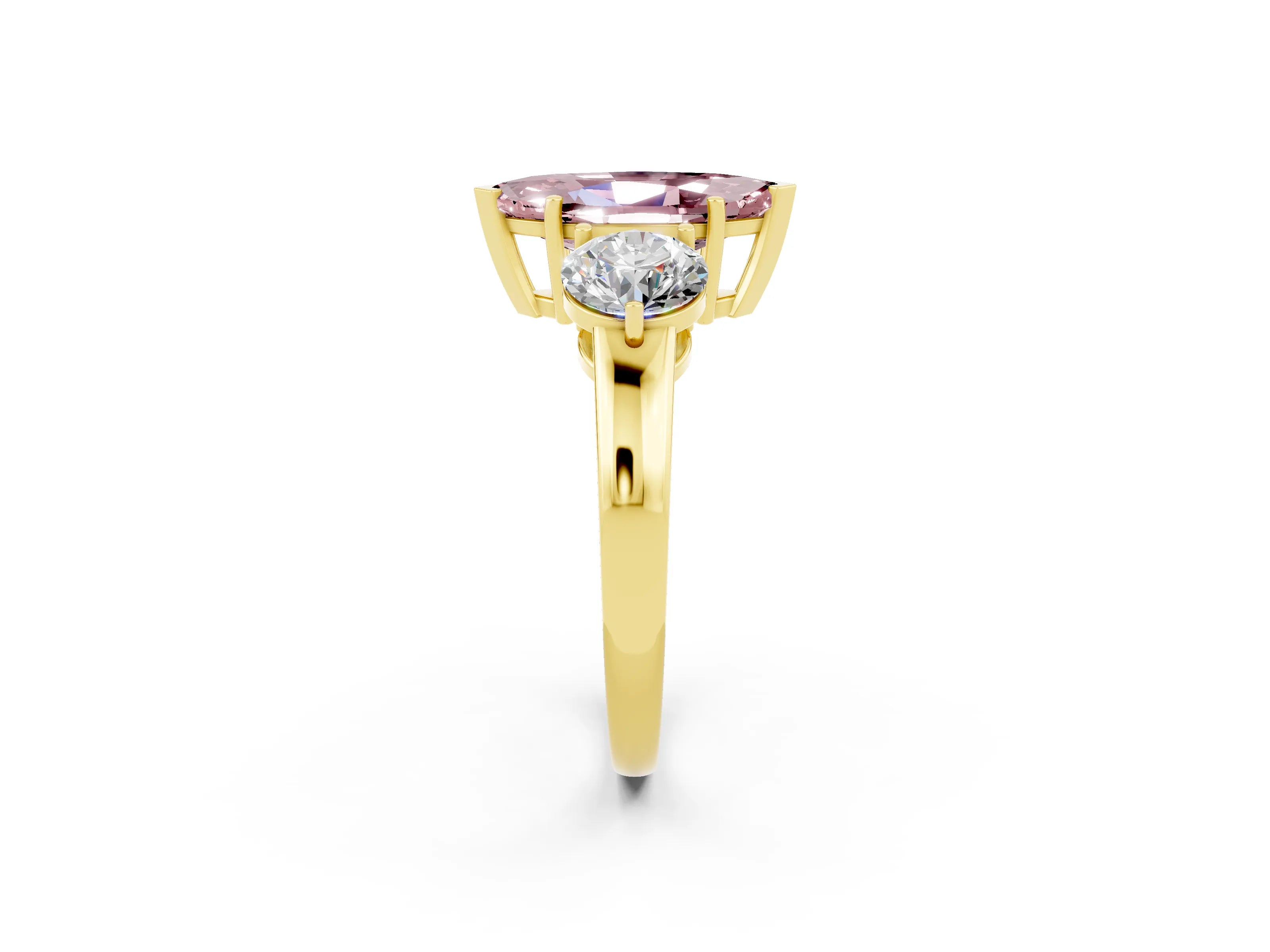 Yellow gold Marquise Cut Morganite Three-Stone Ring with Prong Setting and Classic Band_2