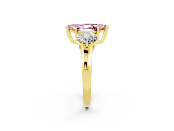 Yellow gold Marquise Cut Morganite Three-Stone Ring with Prong Setting and Classic Band