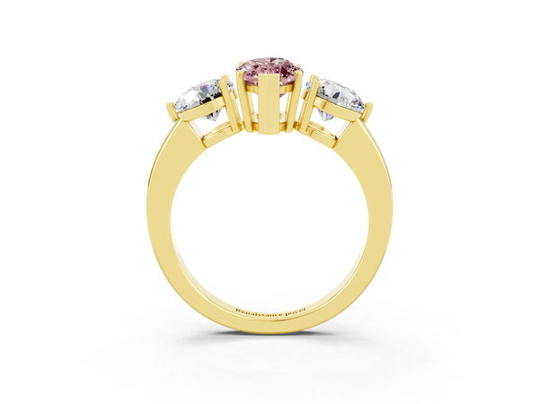 Yellow gold Marquise Cut Morganite Three-Stone Ring with Prong Setting and Classic Band