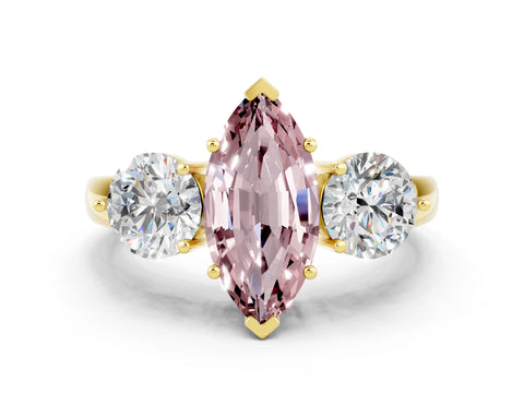 Yellow gold Marquise Cut Morganite Three-Stone Ring with Prong Setting and Classic Band