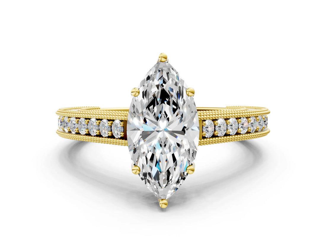 Yellow gold Marquise Cut Pave Band Milgrain Solitaire Ring_6