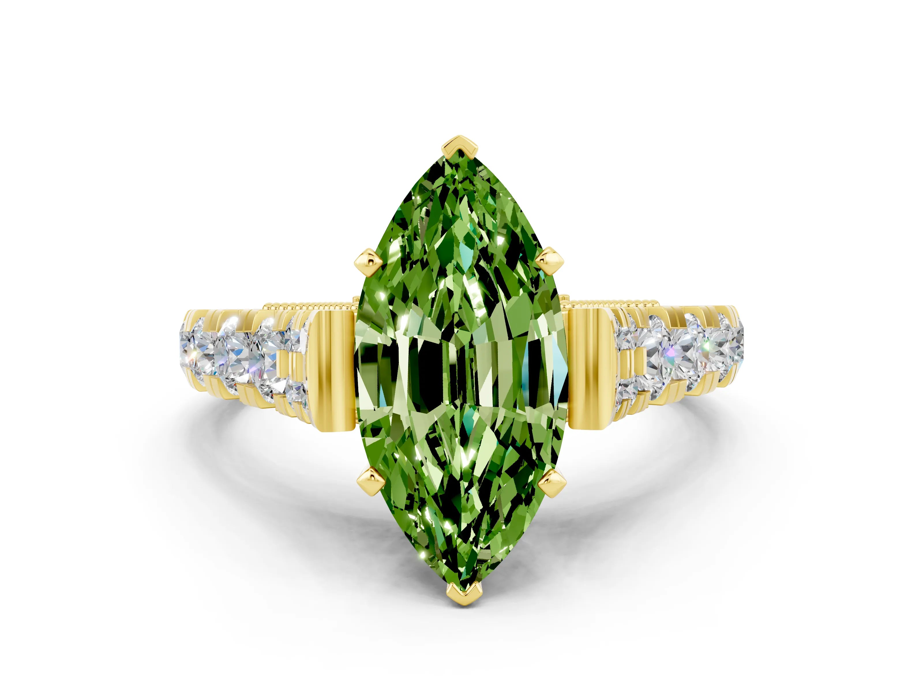Yellow gold Marquise Cut Peridot Classic Solitaire Ring with Pavé Band and Four-Prong Setting