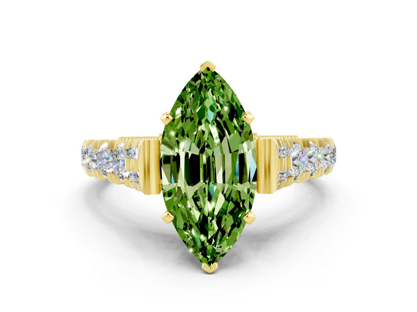 Yellow gold Marquise Cut Peridot Classic Solitaire Ring with Pavé Band and Four-Prong Setting
