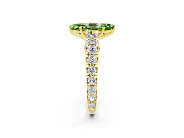 Yellow gold Marquise Cut Peridot Classic Solitaire Ring with Pavé Band and Four-Prong Setting